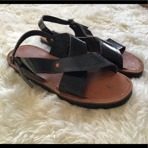 Vintage Handmade Patent Leather Strapy Sandals 42/7 marks Black 9 - Picture 1 of 8